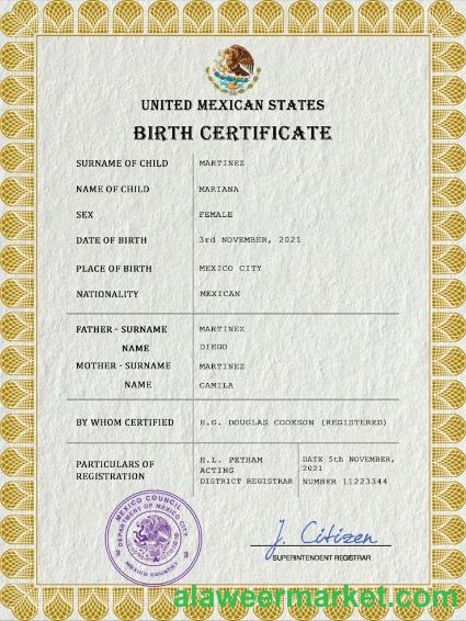 Mexico vital record birth certificate PSD template